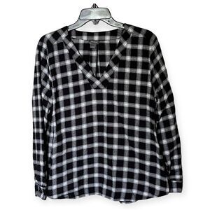 Eddie Bauer Black and White Plaid Flannel Popover Long Sleeve Shirt Size Large